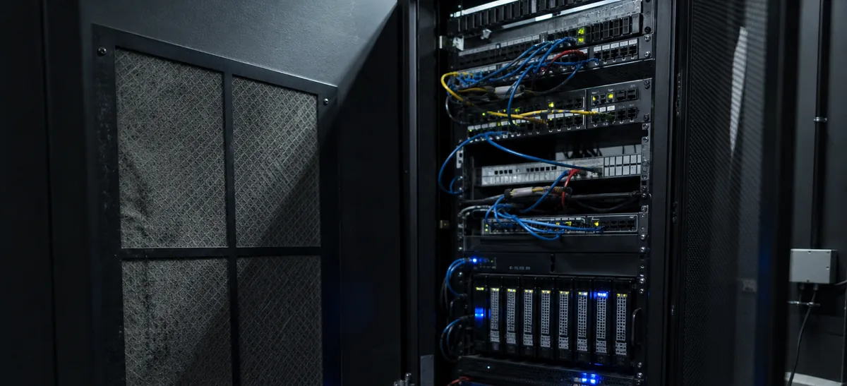 Un rack de servidores abierto en una sala técnica pequeña, con cables de parcheo y luces de estado.